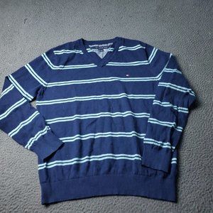 Tommy Hilfiger Sweater Mens L Large  Blue Pullover V Neck Striped